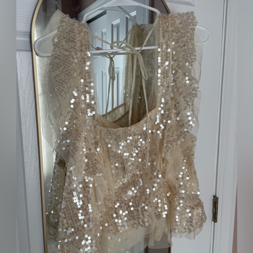 Anthropologie Cream Sequin Ruffle Blouse - Picture 6 of 7